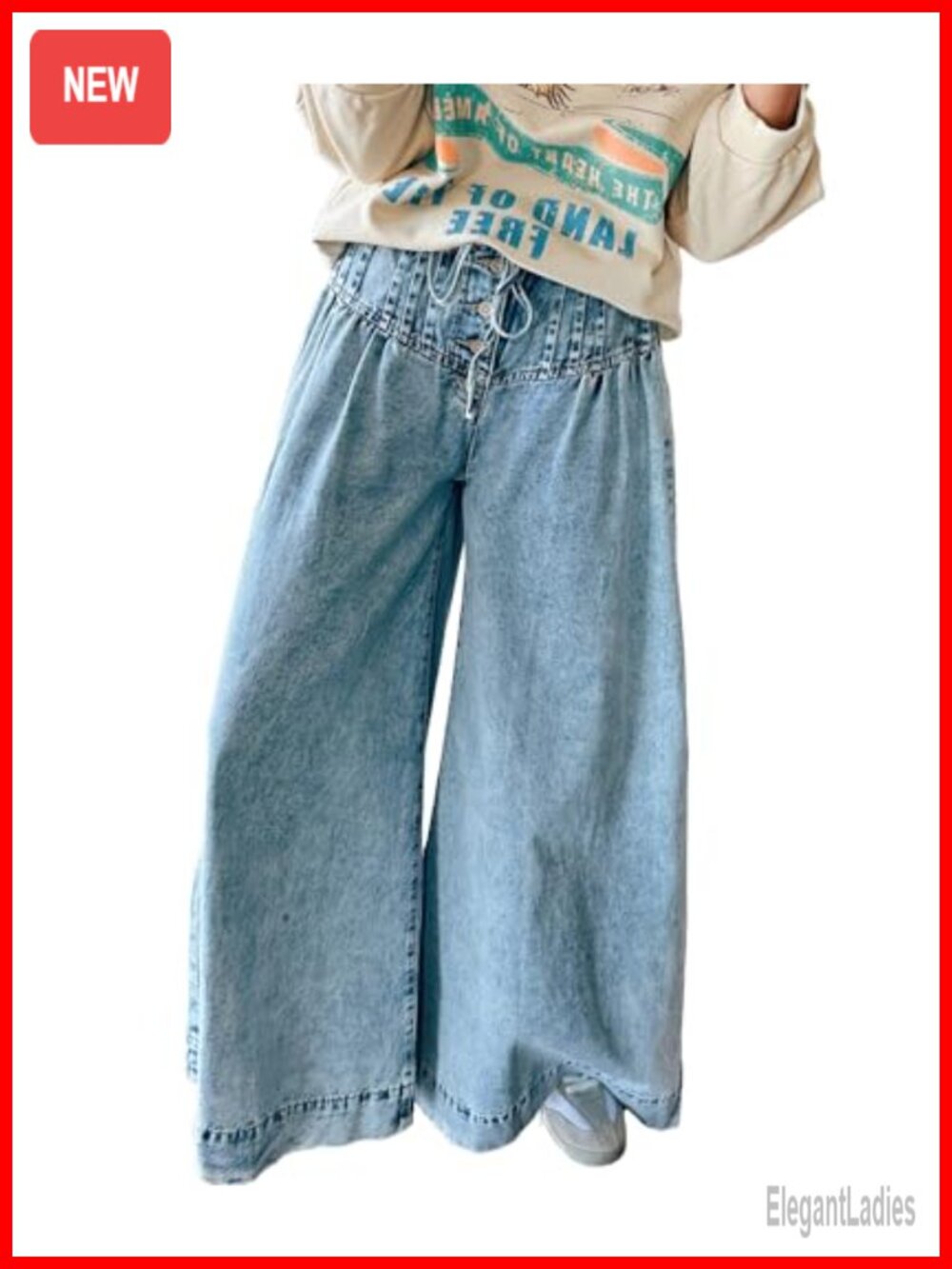 Wide Leg Flare Denim Pants Pleated Drawstring Loose Jeans Trousers